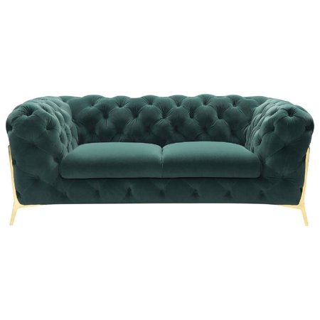 Benjara Reno Joni 74 Inch Modern Loveseat, Chesterfield, Velour, Green, Gold