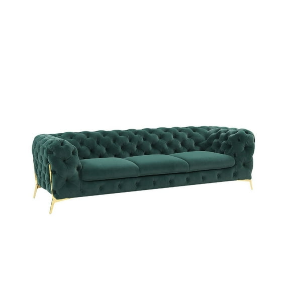 Benjara Reno Joni 97 Inch Modern Sofa, Chesterfield, Velour Fabric, Green, Gold