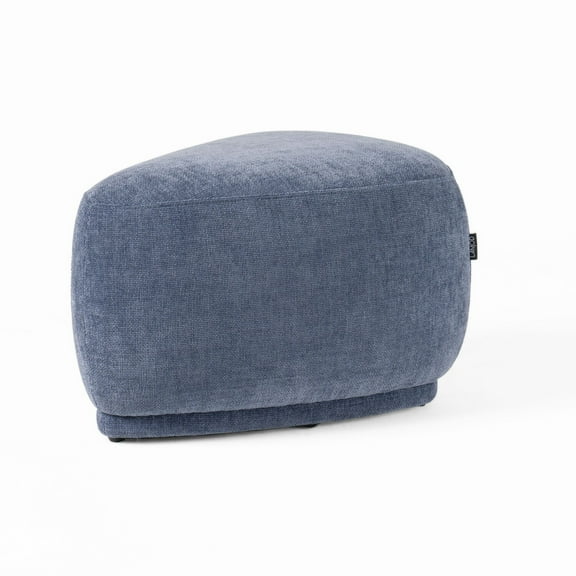 Reno Kini 26 Inch Ottoman, River Rock Shape, Blue Polyester, Wood Frame