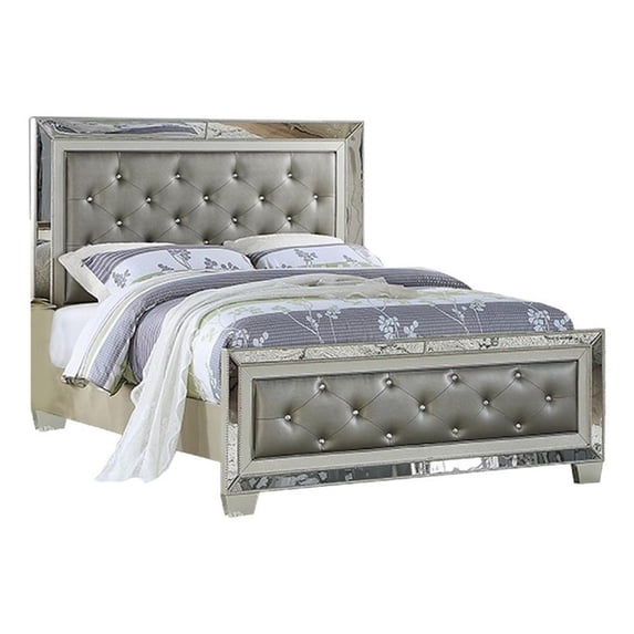 Benjara Reva California King Bed with Mirror Inlay-Upholstered Gray Faux Leather