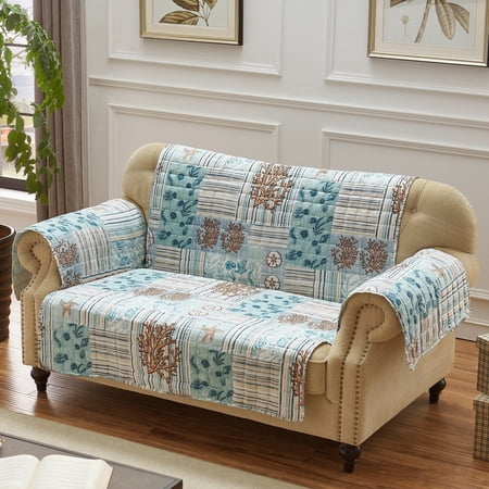 Reversible Sea Life Print Loveseat Protector with Elastic Strap, Blue