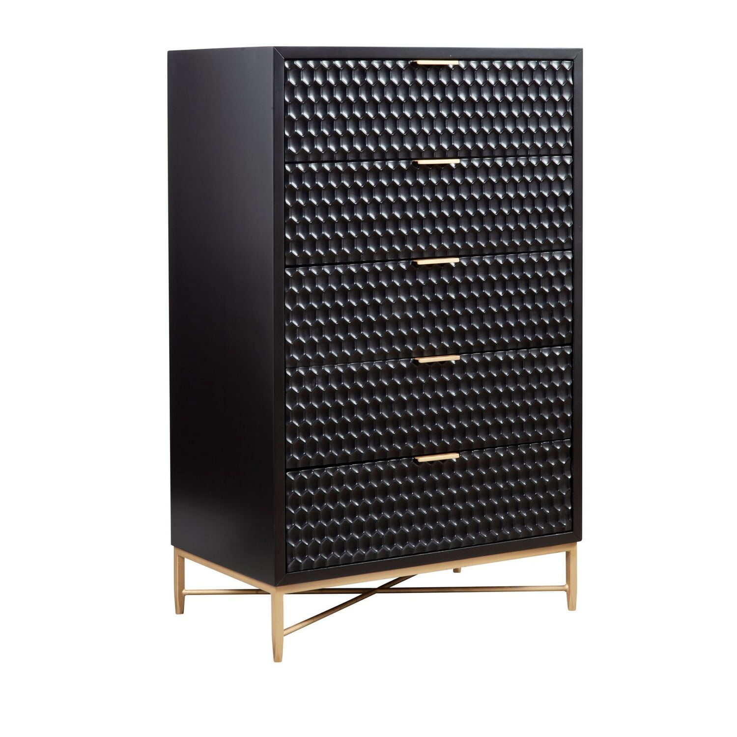 Benjara Rexi 48 Inch 5 Drawer Tall Dresser Chest, Honeycomb Panels, Black, Gold