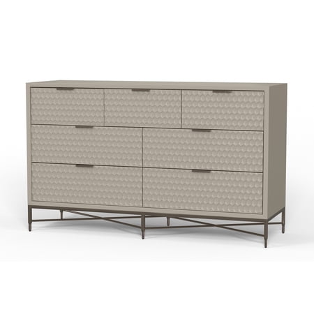 Benjara Rexi 56 Inch 7 Drawer Dresser, Honeycomb Pattern, Mahogany Wood, Taupe Gray