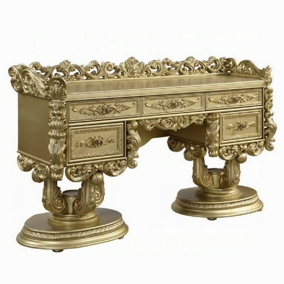 Rexx Vanity Desk with 5 Drawers and Ornate Carvings, 74 Inch Gold Wood