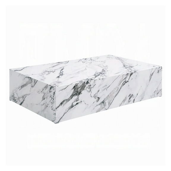 Ritzy Coffee Table, Modern Plinth, White Gray Faux Stone, 48 Inch