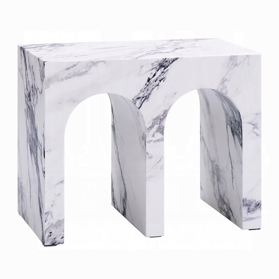 Ritzy Side End Table, White Faux Stone, Modern Arch Design 22 Inch