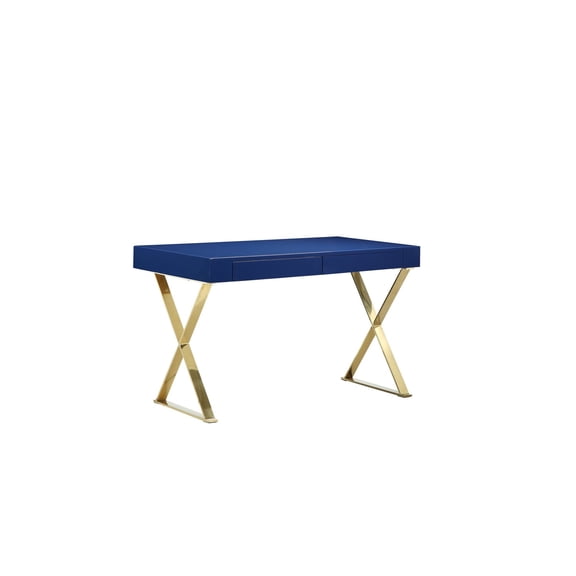 Benjara Rix 47 Inch Office Desk, 2 Drawers, X Cross Legs, Gold Steel, Blue Lacquer