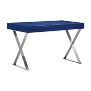 Rix 47 Inch Office Desk, Navy Wood Top, 2 Drawers, X Polished Steel Legs