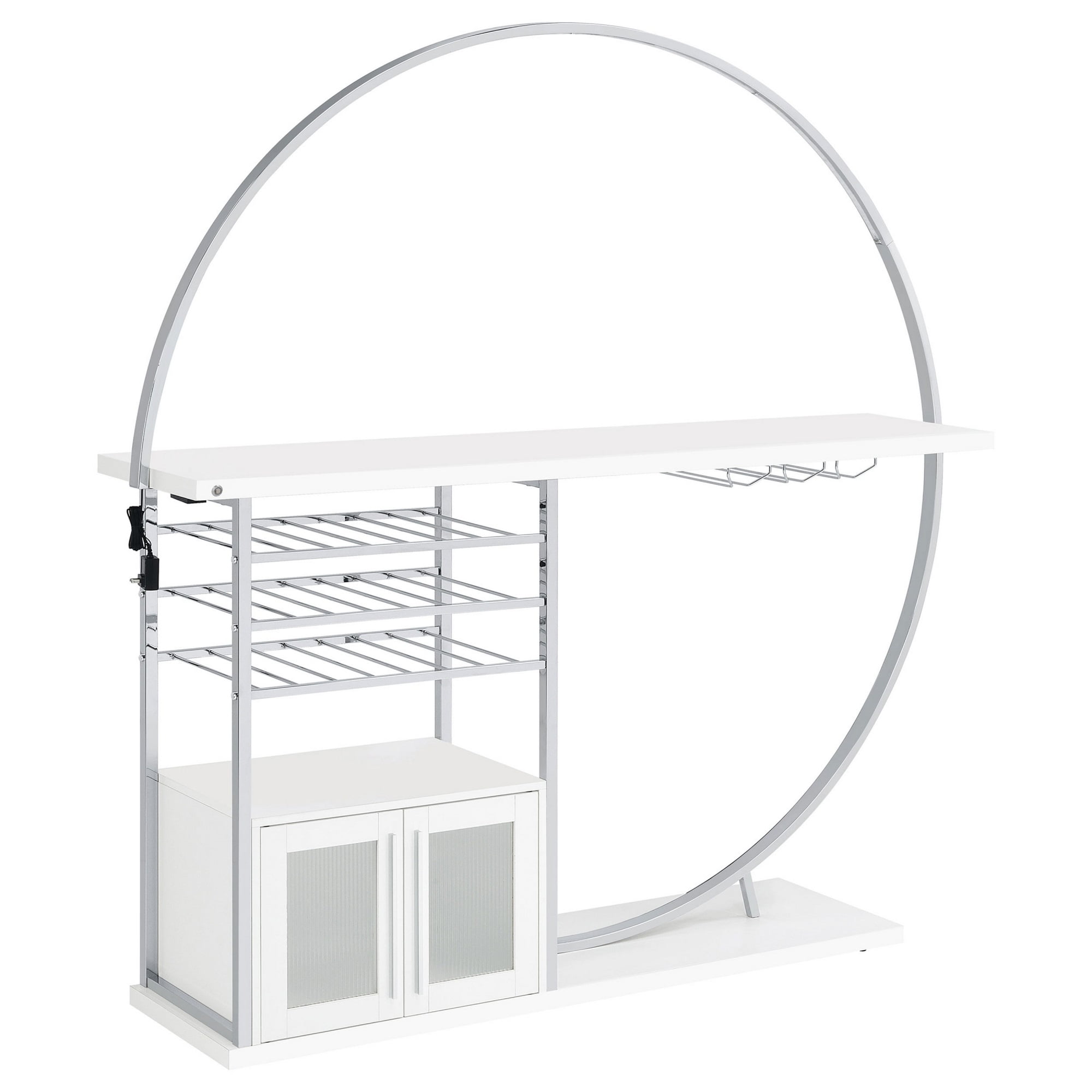 Riya Home Bar Table, LED Light, Cabinets, Wine Storage, White, Chrome Metal