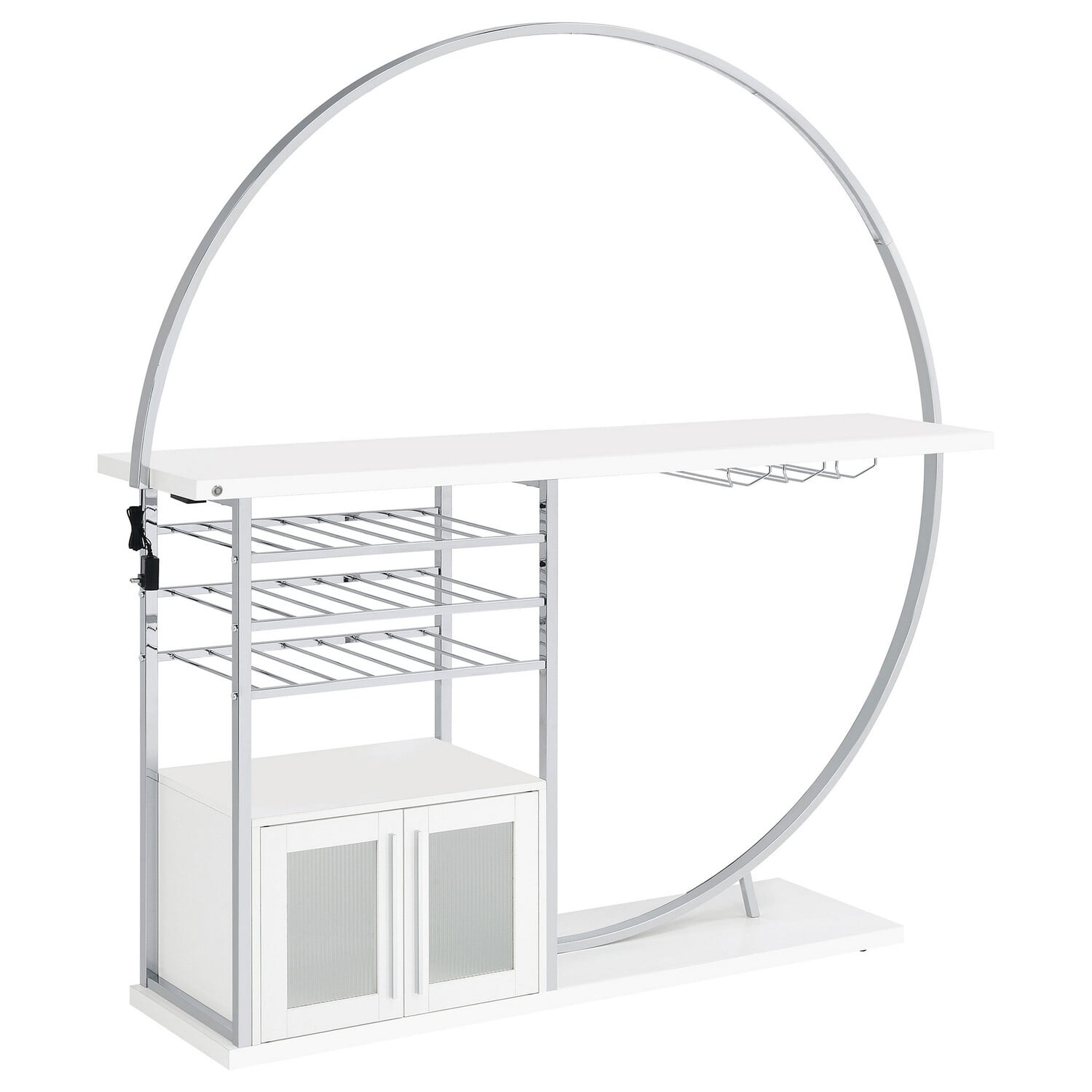 Benjara Riya Home Bar Table, LED Light, Cabinets, Wine Storage, White, Chrome Metal
