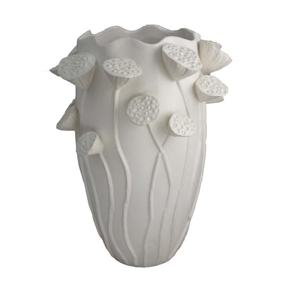 Benjara Ro Decorative Vase, Textured Lotus Accents, White Ceramic 16 Inch