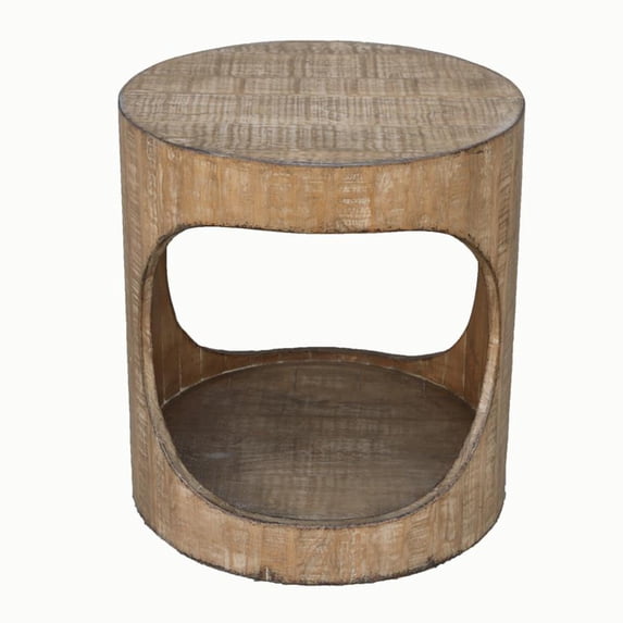 Benjara Roki Side End Table w Shelf- 22" Natural Brown Pine Wood Round Top