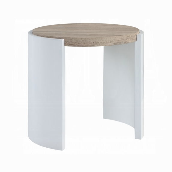 Romani Side End Table, White High Gloss Wood, Brown Top, Oval 26 Inch