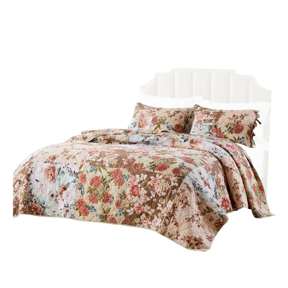 Benjara Rome 3 Piece Microfiber Reversible Floral Print Queen Quilt Set, Multicolor