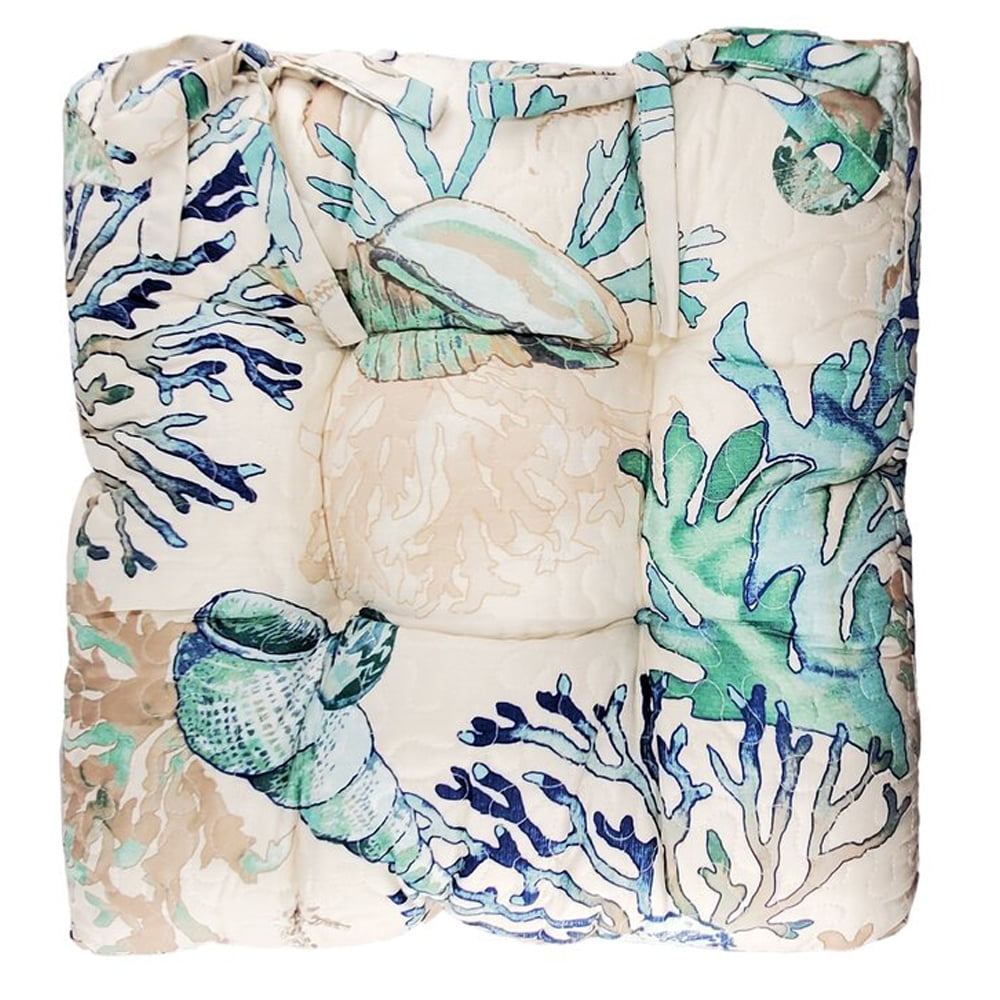 Rome Beach Print Fabric Thick Chair Pad with Tufted Details, White and Blue- Saltoro Sherpi