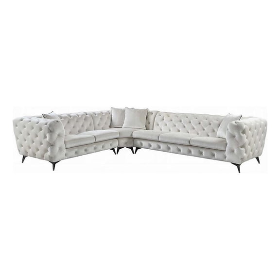 Ronia Sectional Sofa, 4 Throw Pillows, Tufted Ivory White, 133 Inch