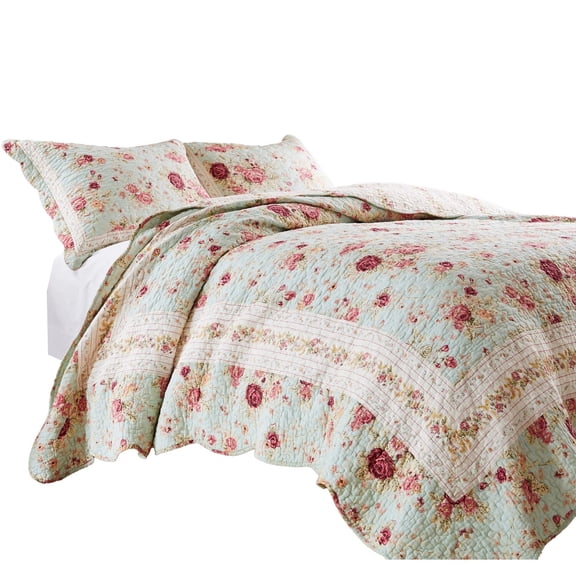 Rosle 2pc Twin Quilt and Pillow Sham Set - Scallop Edges - Floral Blue Cotton