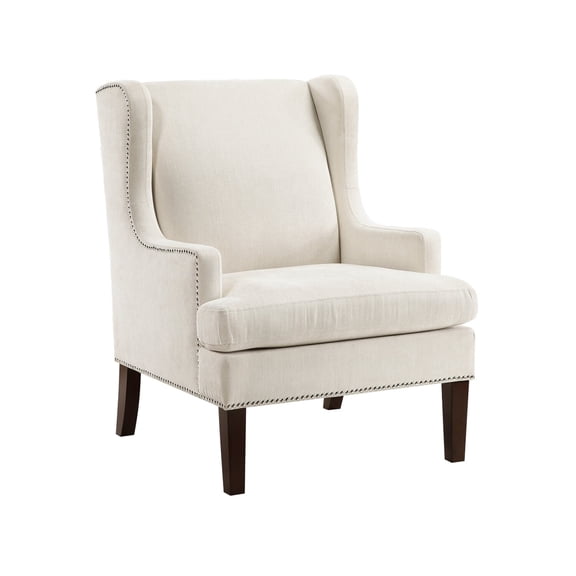 Rossana Accent Wing Armchair- Beige Polyester- Brown Wood- Nailhead