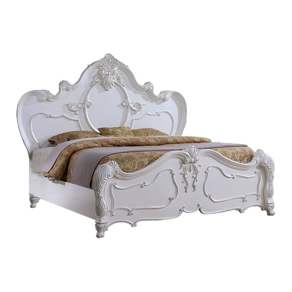 Benjara Rosy Queen Size Bed, Carved Details, Turned Legs, White Solid Wood Frame