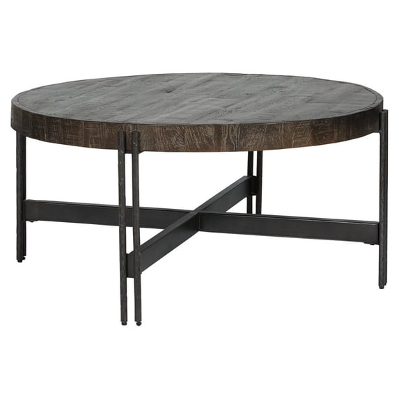 Benjara Round Cocktail Table with Tubular Metal Base, Brown and Gray