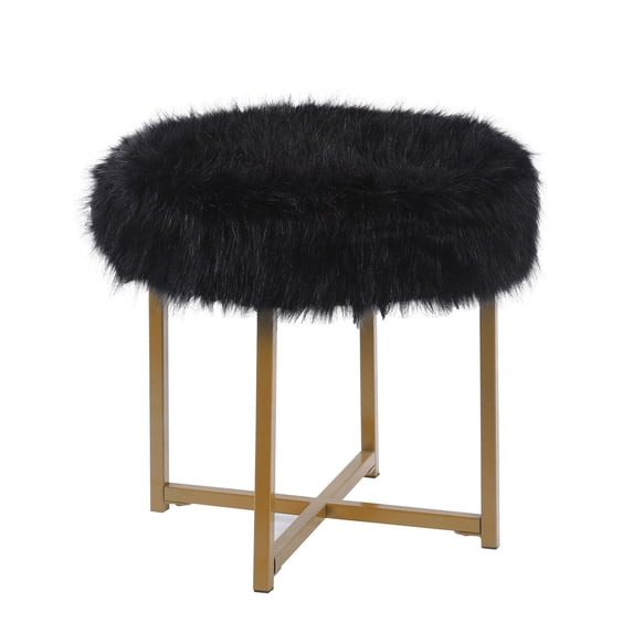 Benjara Round Faux Fur Upholstered Ottoman with X Shape Metal Base, Black and Gold