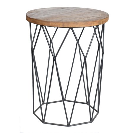 Benjara Round Mango Wood End Table with Iron Geometric Base, Black and Brown