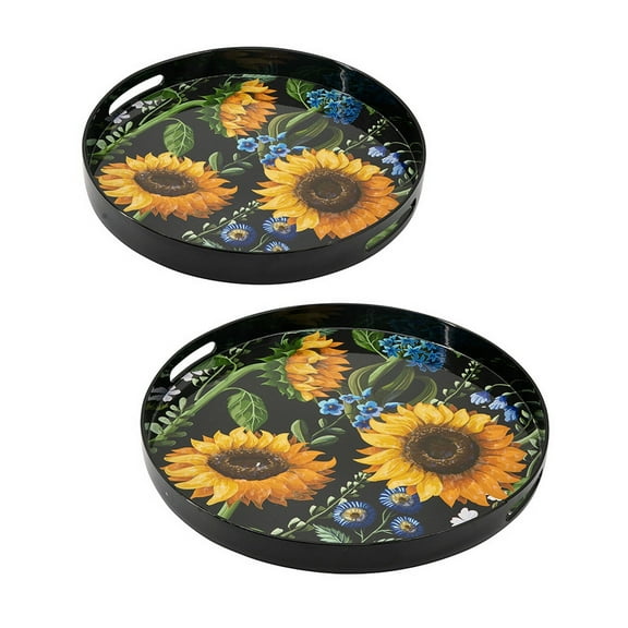 Benjara 2 Piece Modern Decorative Trays, Round Plastic Frame, Sunflower Motifs