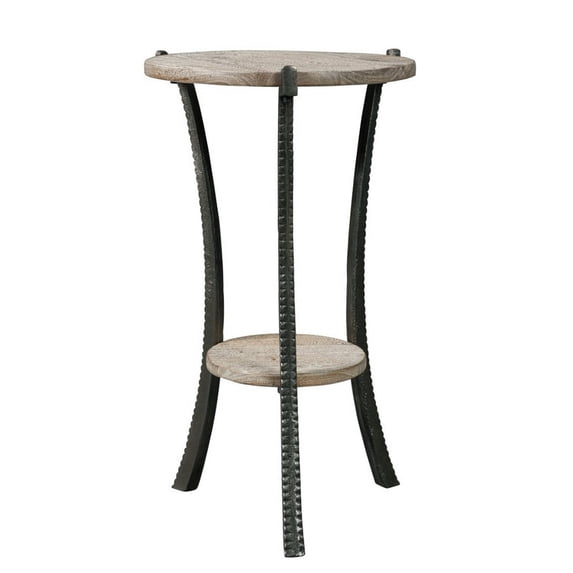 Round Wooden Top Accent Table with Flared Metal Legs, Brown and Gray