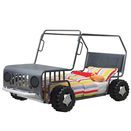 Benjara Rover Style Twin Bed with Leatherette Headboard and Front Table, Gray