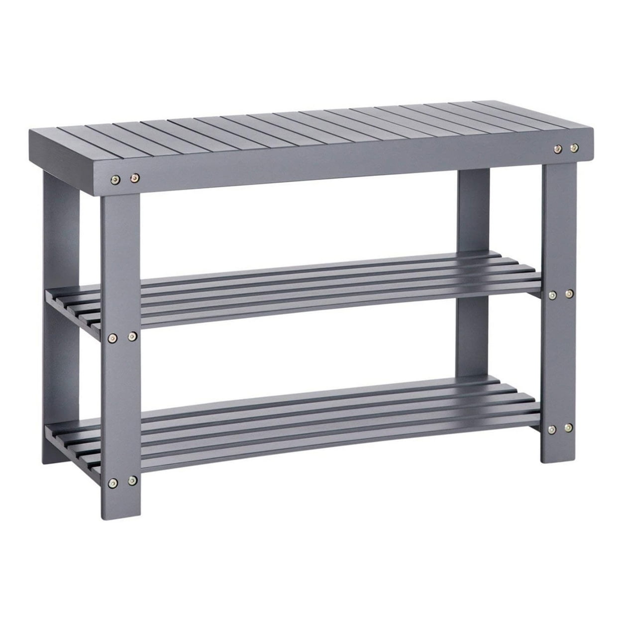 Benjara Roy 28 Inch Shoe Bench 2 Tier Storage Rack Bamboo Frame Gray Walmart