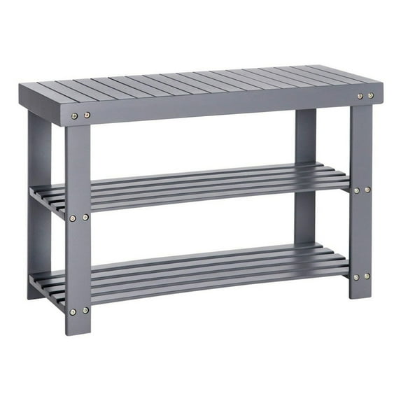 Roy 28 Inch Shoe Bench, 2 Tier Storage Rack, Bamboo Frame, Gray- Saltoro Sherpi