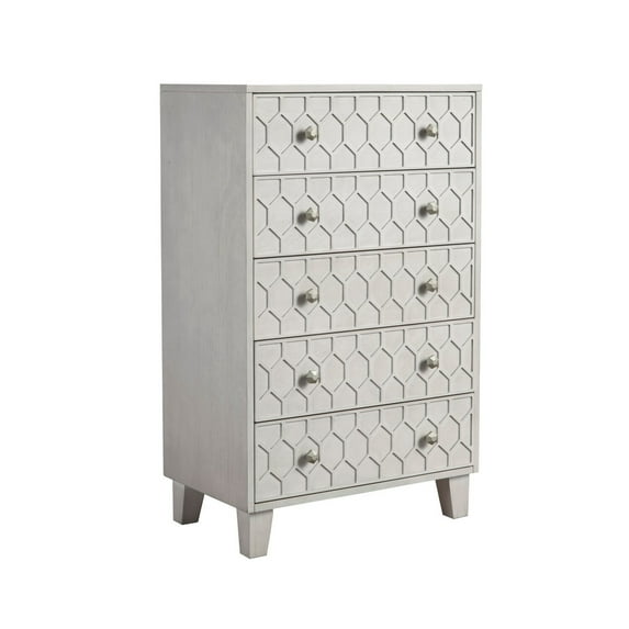 Rue 48 Inch 5 Drawer Dresser Chest, Textured Honeycomb Design, Light Gray- Saltoro Sherpi