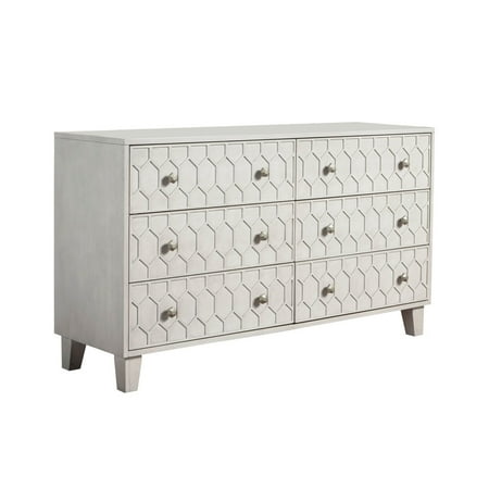 Benjara Rue 60 Inch 6 Dresser Drawer, Honeycomb Texture, Mahogany Wood, Light Gray