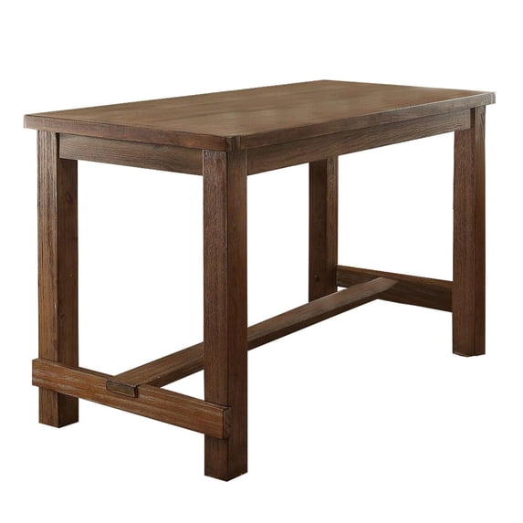 Rustic Plank Wooden Counter Height Table with Block Legs, Oak Brown- Saltoro Sherpi