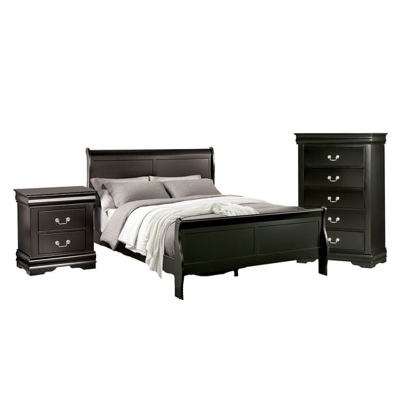 Ry Three Piece Full Size Bedroom Set, Sleek Modern Transitional Style, Black