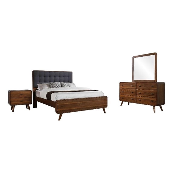 Ryb 4pc Bedroom Set with Queen Bed- Walnut Brown- Dark Gray Upholstery