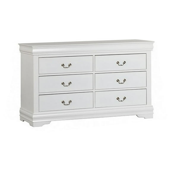 Ryla Wide Dresser Chest, 6 Drawers, Nickel Metal Handles, White Solid Wood