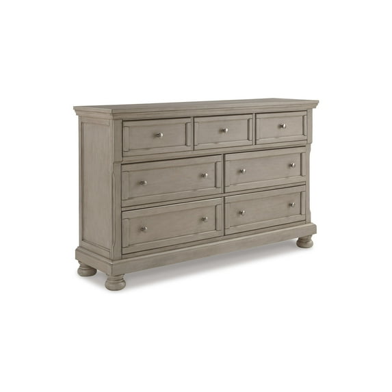 Ryno Wide Dresser, 7 Drawers, Pull Out Tray, Silver Round Knobs, Gray