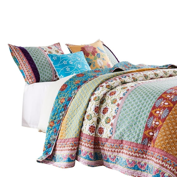 Sama 4 Piece Reversible Twin Quilt Set, Floral Print Patterns, Multicolor- Saltoro Sherpi