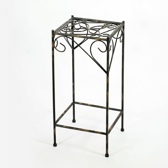 Benjara Scrolled Metal Frame Plant Stand with Square Top, Large, Black