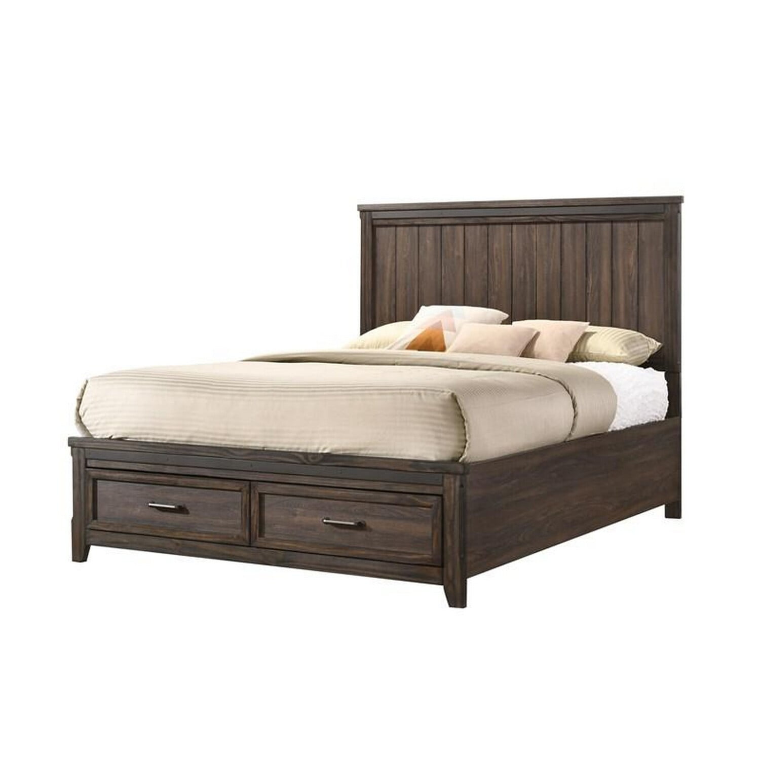 Benjara Sea King Size Bed, Rustic Modern Design, Panel Headboard, Brown Wood