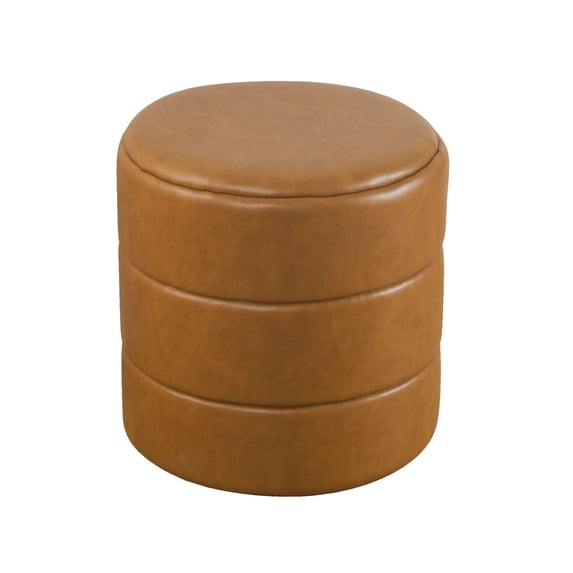 Benjara Sem Round Accent Ottoman- Brown Channel Tufted Faux Leather 18 Inch