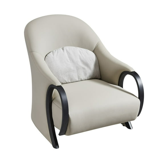 Semi 38 Inch Accent Chair- Curved Tall Back- Gray Real Leather- Solid Wood