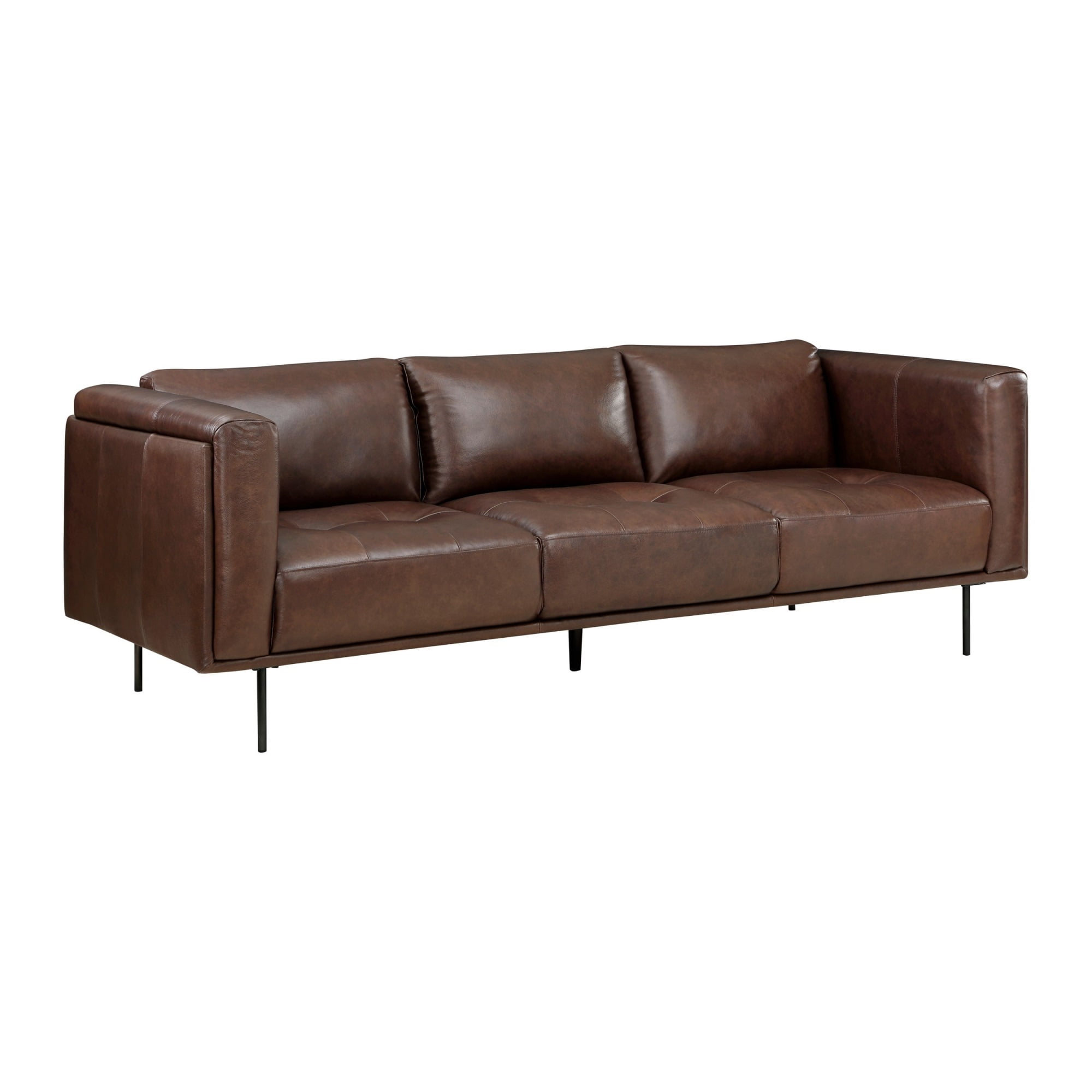 Sen 88 Inch Low Back Tufted Sofa Brown Top Grain Leather Metal Legs