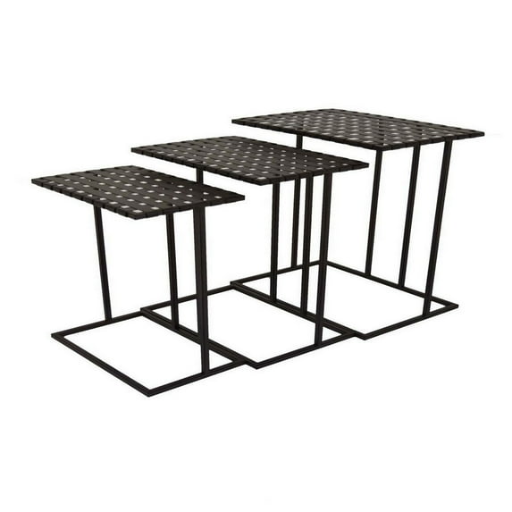 Benjara Set of 3 Plant Stand Side Tables, Rectangular Mesh Top, Black Metal Frame