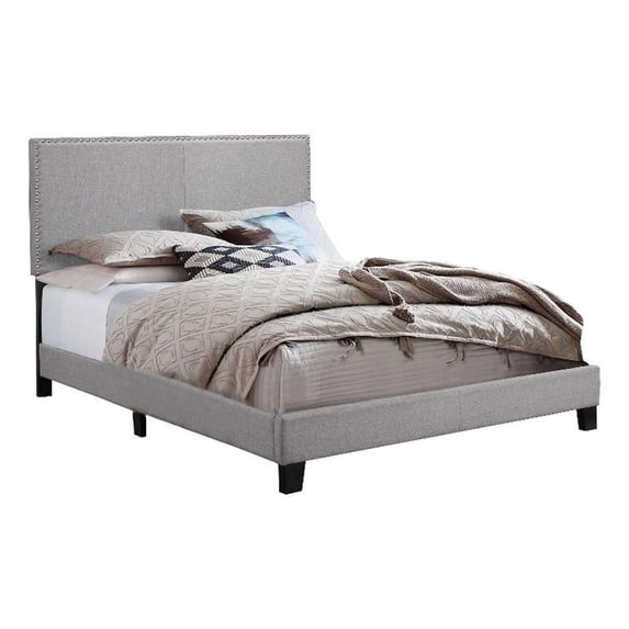 Benjara Shirin Full Size Bed- Wood- Nailhead Trim- Upholstered Headboard- Gray
