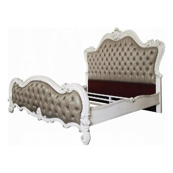 Sicily King Bed- Classic White Carved Frame- Tufted Gray Faux Leather