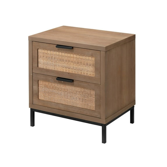 Benjara Side Table with MDF Frame and 2 Rattan Weaving Front Drawers, Brown