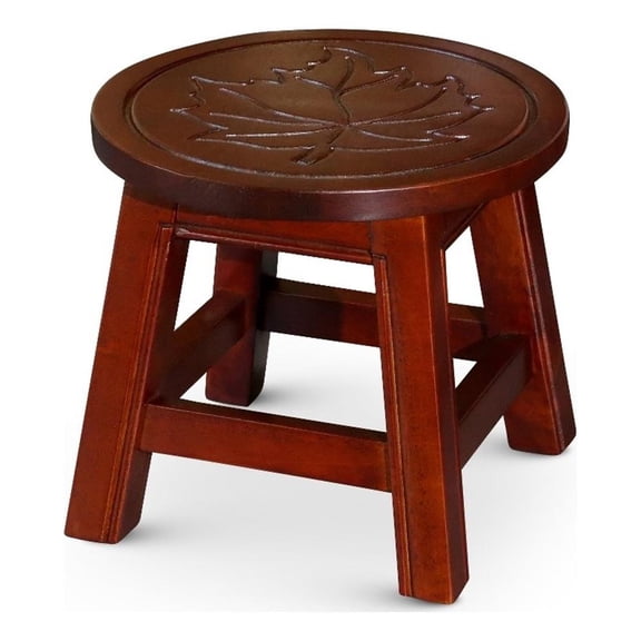 Benjara Sidi 11" Step Stool Footrest- Wood Maple Leaf Print- Round- Cherry