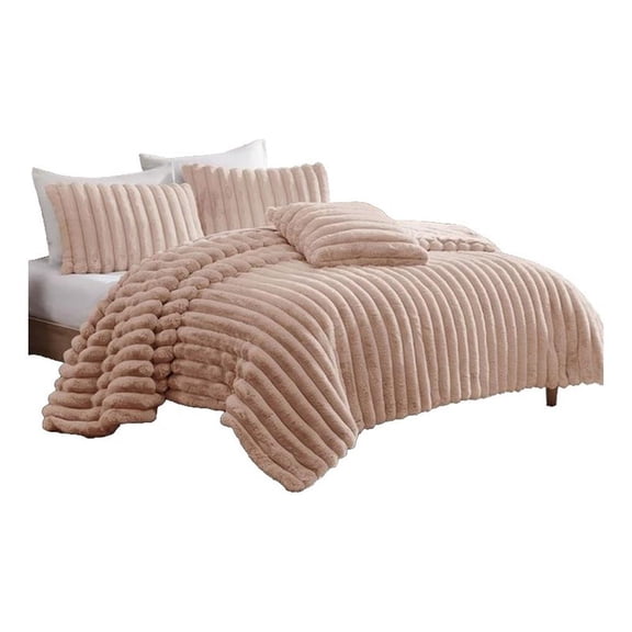 Benjara Sieno 4pc King Comforter Set- Blush Pink Faux Fur- Micro Mink Backing